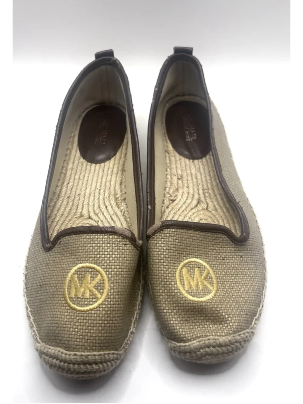 Michael Kors Hastings Espadrille Flats Womens 8 Brown Tan Canvas Gold Logo Shoes